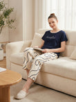 Wavy Print Round Neck Tee Capri Set - Navy