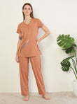 UltraLuxe™ Botanical Leaf Henley Pyjama Set - Apricot