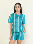 SoftCloud™ Shibori Stripe Henley Shorts Set - Aqua