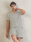 Ribbed Stripe Button Down Shorts Set - Black