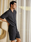 LuxLoom™ Wave Print Button Down Shorts Set - Black
