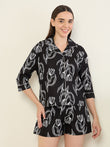 Tulip Outline Button Down Piping Shorts Set - Black