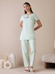 Embroidered Keyhole Neck Pyjama Set - Green Lily