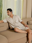 LuxLoom™ Wave Print Button Down Shorts Set - Light Grey