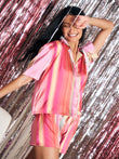 SilkLike™ Vivid Stripe Button Down Shorts Set - Multi Color Stripe