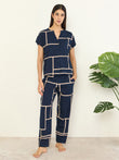 CottonEase™ Geometric Block V Neck Lace Trim Pyjama Set - Navy