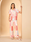 SoftCloud™ Colorblock Geometric Wide Leg Button Down Pyjama Set - Peach