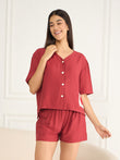 Fine Stripe V Neck Button Down Shorts Set - Rio Red