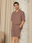 LuxLoom™ Wave Print Button Down Shorts Set - Rust