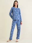 Sketched Floral Round Neck Pyjama Set - Sailor Navy