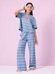 CottonEase™ Wavy Stripe Puppy Wide Leg Pyjama Set - Shadow Blue