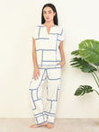 CottonEase™ Geometric Block V Neck Lace Trim Pyjama Set - Swan White