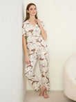 CottonEase™ Artistic Floral Lace Trim Button Down Pyjama Set - Swan White