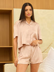 Silky Dreams Chromatic Flow Button Down Shorts Set - Tan