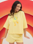 LazyLoop™ Looney Tunes Playful Tweety Oversized Cropped Shorts Set - Yellow