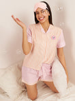 Snoopy Candy Stripe Button Down Shorts Set - Peach