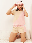 Snoopy Color Block Ribbed Short Set - Sand