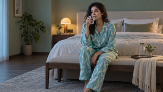 Synthetic woman in Sea Gaze cotton pyjamas drinking water in a calm bedroom after a restless night