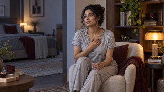 Synthetic South Asian woman in silver grey bow-print sleepwear seated in a warm reading corner after waking from a vivid dream