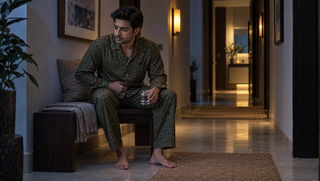 Synthetic South Asian man in olive geometric button-down sleepwear seated on a hallway bench before dawn after waking during the night