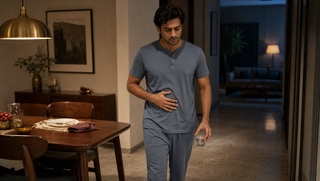 Synthetic Indian man in evening-haze Sweet Dreams-style henley pyjama set walking away from dinner with water, illustrating how a heavy dinner can keep sleep busy.
