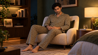 Synthetic man in olive geometric pyjamas seated in a quiet moss-green reading corner at night