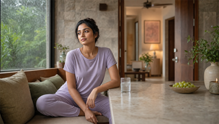 Synthetic South Asian woman in Lavender Mist Sweet Dreams pyjama set seated in a stone-and-walnut breakfast nook on a monsoon morning, illustrating how heavy room air can keep sleep light.