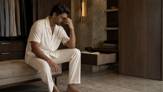 A synthetic man in ivory sleepwear pauses in a dressing room after a restless night.