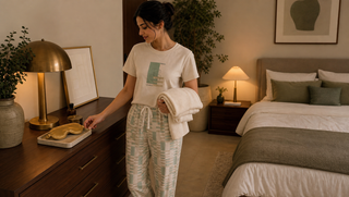 Sweet Dreams blog thumbnail for The Five-Minute Bedroom Reset That Lets Sleep Arrive: a woman in cloud-cream nightwear resetting a bedroom beside a walnut dresser.