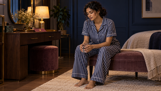 A woman in navy striped cotton pyjamas pauses with a glass of water in a warm dressing room before an important day