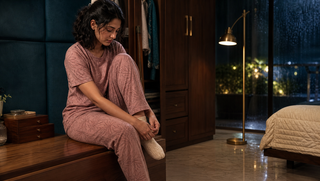 Synthetic Indian woman in a dusty rose leaf-print Sweet Dreams-style pyjama set warming her feet on a walnut dressing bench, illustrating how cold feet can make sleep arrive late.