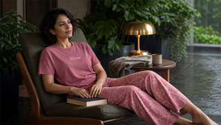Synthetic woman in Sweet Dreams TruCotton Bloom Pyjama Set reclining in a rain-green covered terrace, illustrating how dim mornings can blur bedtime.