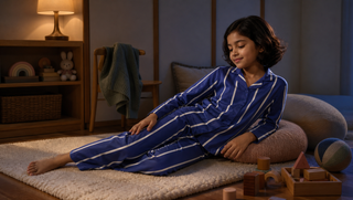 Synthetic child in Sweet Dreams Pretty Lined Pyjama Set reclining in a warm playroom at bedtime, illustrating how growing bodies repair after lights out.