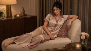 Romantic modern night suit for honeymoon blog thumbnail: a synthetic South Asian woman reclines on a chaise in a champagne and mauve Sweet Dreams silky pyjama set under warm suite lighting.