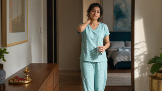 Synthetic Indian woman in an aqua marine Sweet Dreams-style Daisy Daydream pyjama set walking through a morning hallway, illustrating how late nights follow you into morning.