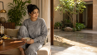 Synthetic Indian woman in a cement-grey Sweet Dreams-style brush-stroke track suit seated in a sunlit breakfast nook, illustrating how morning light helps sleep arrive at night.