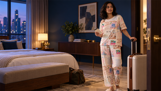 A woman arriving in an unfamiliar guest bedroom in Sweet Dreams newspaper-print pyjamas