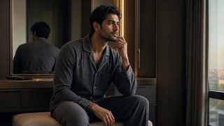Synthetic South Asian man in dark grey patterned Sweet Dreams-style pyjamas seated in a dressing room at dawn, illustrating why not everyone is built for early mornings.