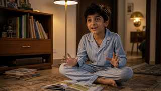 Synthetic Indian boy in a zen-blue Sweet Dreams-style Cool Stripes pyjama set seated with a picture book in an evening study corner, illustrating how overtired children can look wide awake.