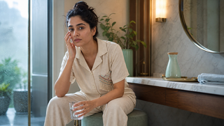 Synthetic South Asian woman in a cream Sweet Dreams-style macrame pocket pyjama set seated at a rain-lit vanity, illustrating how puffy mornings can begin overnight.
