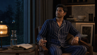 A synthetic male subject in navy striped Sweet Dreams pyjamas sits in a walnut reading corner holding a glass of water under blue-and-amber evening light.