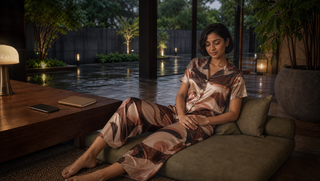 Synthetic Indian woman in a brandy-brown Sweet Dreams-style satin pyjama set reclining on a rain-washed terrace, illustrating how sleep helps the brain clear the day.