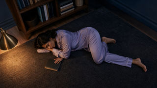 Synthetic South Asian woman in a pale lavender Sweet Dreams piped satin pyjama set reclining on a charcoal library rug at blue hour