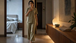 Synthetic Indian woman in dune olive Sweet Dreams-style pyjamas walking through a morning hallway, illustrating how snoring can make a full night feel thin.