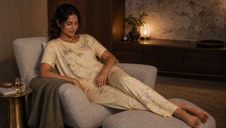 Synthetic South Asian woman in a custard floral Sweet Dreams-style pyjama set reclining in an evening recovery corner, illustrating how sore muscles rebuild during sleep.
