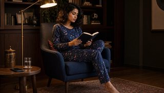 Sweet Dreams blog thumbnail for The Ten-Page Rule: a woman in celestial-print nightwear reading in a walnut-toned lounge corner.