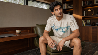 Synthetic Indian man in a white-sand Sweet Dreams-style Abstract Swirl Shorts Set seated in a late-afternoon study, illustrating how the afternoon dip is not just lunch.