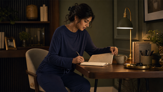 A woman in a deep navy Sweet Dreams pyjama set writes a short night note at a walnut desk under warm lamplight.