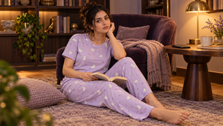 A woman in the Sweet Dreams BambooSoft Cute Bunny Pyjama Set in Lavender, tired but alert in a warm reading room.