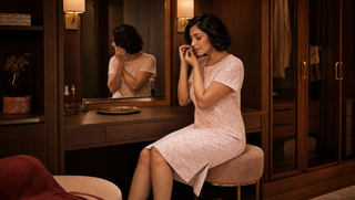 Sweet Dreams blog thumbnail for The Unfastening Hour: a woman in a pink geometric nightdress unwinding at a walnut dressing-room vanity
